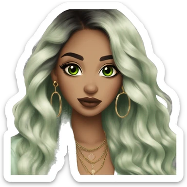 Glamorous, streetwear, black balayage hair, long wavy hair, olive skin, green almond eyes, winged eyeliner with big lashes, wearing hooped earrings, rings and bracelets, almond fake nails sticker