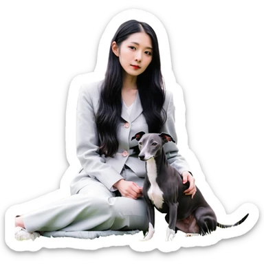 A very beautiful and attractive 25-year-old Chinese woman with long flowing black hair and a pure solid dark grey Italian Greyhound with ABSOLUTELY NO white markings anywhere on its body sitting under a cherry blossom tree. The dog must be completely solid dark grey with no white on chest, no white on muzzle, no white on paws - entirely one solid dark grey color. sticker