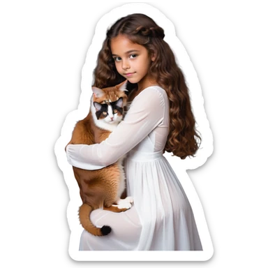 beautiful girl with curly long brown hair in a white dress cuddling an Abyssinian cat with reddish-brown fur sticker