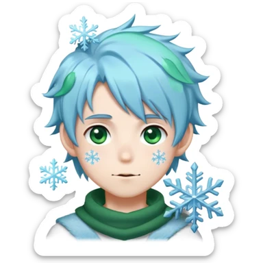 Anime boy with light blue hairs, green eyes, a mole on the right side of the mouth and with a snowflake on the hair  sticker