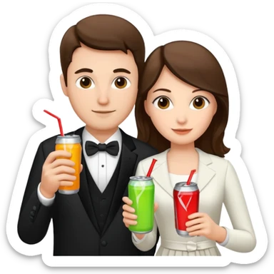 husband and wife at wedding holding energy drinks sticker