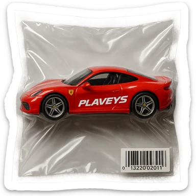 red Ferrari Hot Wheels car in packaging, 'PLAVLEYS' in italic racing font on the side, glossy and puffy vacuum-sealed style sticker