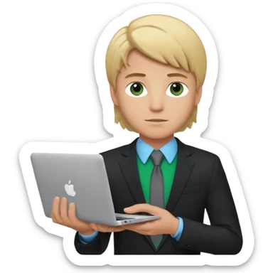 a young boy of about 20 with blond hair that is medium length, he is dressed in suit with tie and jacket, tie blue jacket black, in his hands he has a gray macbook, and black iphone. green-brown eyes sticker
