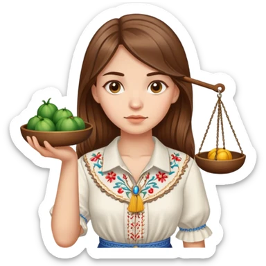 A Ukrainian girl with brown hair in an embroidered shirt holds the scales of truth in her hand sticker