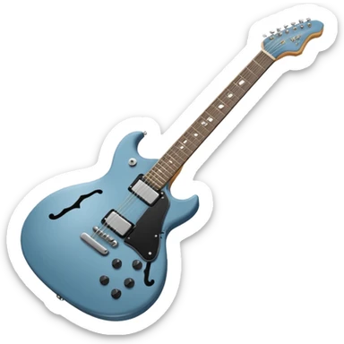 A gray-blue electric guitar with a black pick guard and only one volume knob, make the head tan sticker