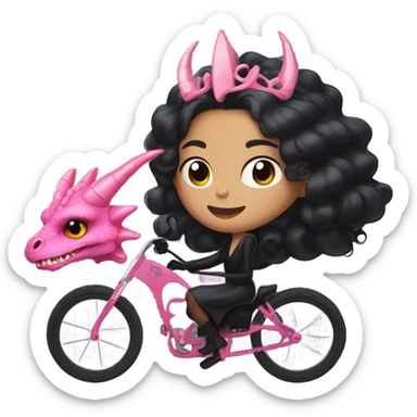  black evening gown with see-through gloves, Jenna Ortega as Addams woman prom queen wearing a mini tiara, very large blood  pink evil-looking horned old dragon bike sticker