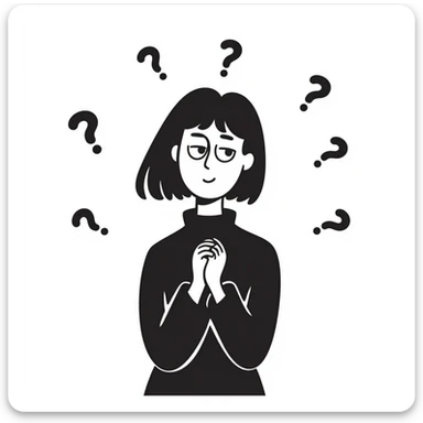 confused woman with straight dark hair, head tilted, question marks circling around her, hand-drawn doodle style sticker