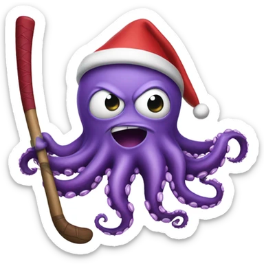 angry purple octopus, holding a brown hockey stick, and wearing a red santa hat  sticker