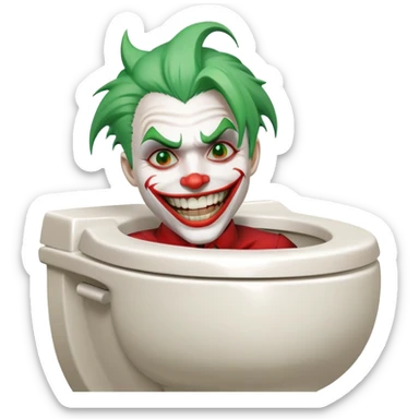 Joker character on toilet laughing hysterically, green hair, white face, red smile sticker
