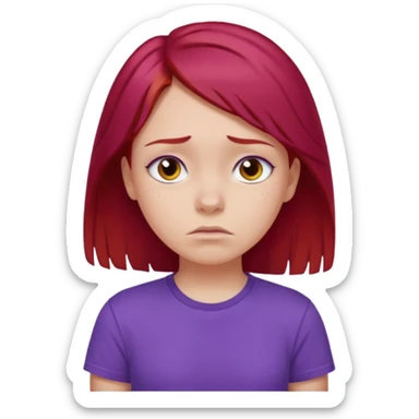 Young girl with red hair, wearing a purple T-shirt, with a sad face. sticker