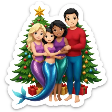 Generate Christmas-style emojis  family. Where light-skinned people stand near the tree all together, hugging and smiling.  girl should be Light-haired woman, mermaid woman, black-haired woman, and 1 man . Add 4 people: Mother, Sister, Sister, Brother  sticker