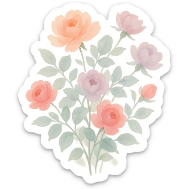 rose bush with many blossoms, luminous colors, gentle blending, expressive leaves, various rose colors, watercolor art style sticker