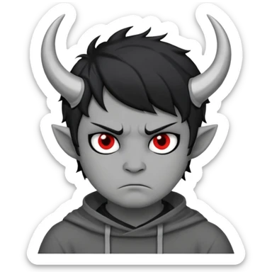 Karkat from Homestuck, gray skin, small horns, black hair, grumpy expression sticker