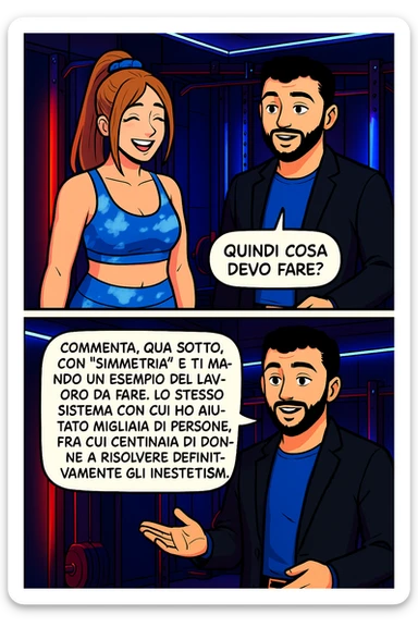 TRASFORMA QUESTO CAROSELLO IN UN FUMETTO STILE WEBTOON/MANGA A COLORI CON QUESTE DUE PERSONE IDENTICHE CHE INTERLOQUISCONO TRA LORO, LA DONNA SEMBRA SOLLEVATA/SODDISFATTA E CONTENTA:

LEI (DONNA): Quindi cosa devo fare?
LUI (UOMO): Commenta, qua sotto, con “simmetria” e ti mando un esempio del lavoro da fare. Lo stesso sistema con cui ho aiutato migliaia di persone, fra cui centinaia di donne a risolvere definitivamente gli inestetismi. sticker