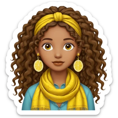 boho girl, brown skin, long curly brown hair tied up, lemon yellow scarf, round earrings sticker