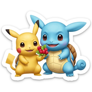  Pikachu has a light to share, but Squirtle has none. Pikachu sees this is unfair, so he shares the berries with Squirtle. They smile and eat together. Show this as a cute Pokémon emoji scene about justice and fairness.

 sticker