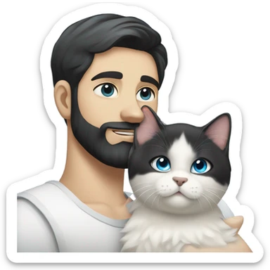 A guy with a black earing and black short hair and black beard and holding a all white Siberian cat with blue eyes  sticker