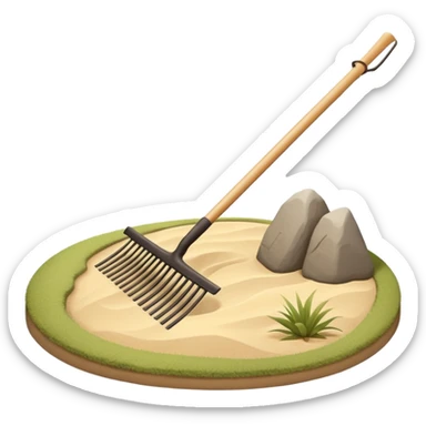 Minimalist emoji of a traditional Japanese zen garden rake (kumade) thin and balanced lines, natural light wood texture, soft sand-beige and warm neutral tones, flat vector style with subtle depth, centered composition, transparent background sticker