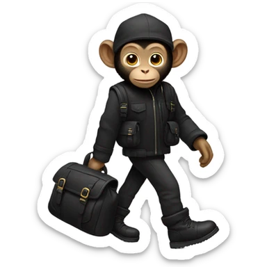 Monkey wearing black clothes black ugg boots and a black backpack sticker