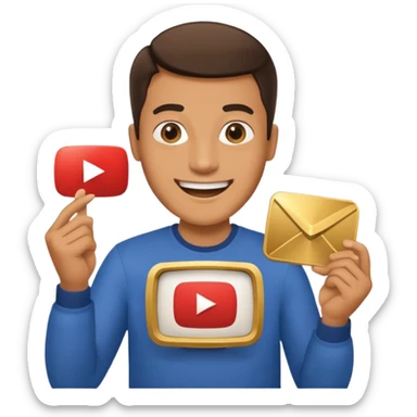 a happy man holding youtube golden play button sticker