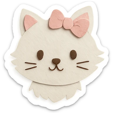 cute fluffy white kitten with a light pink bow, paper craft style sticker