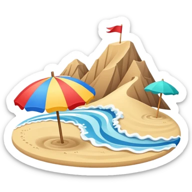 compact emoji sandy beach, colorful parasol, curling wave, small eco-hab, distant mountains sticker