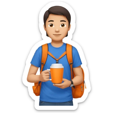 an asian man in blue t-shirt with orange cup of coffee and backpack on the back. Eiffel tower on the background. shoulder length  sticker
