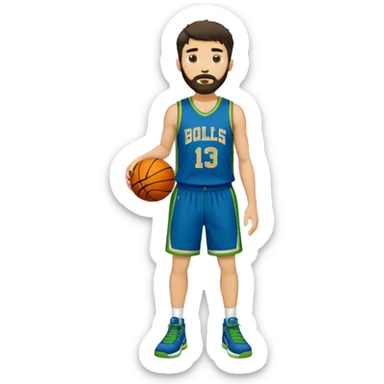 Full Body  white male basketball player with short dark shaggy hair and gold tee beard wearing blue and green uniform sticker