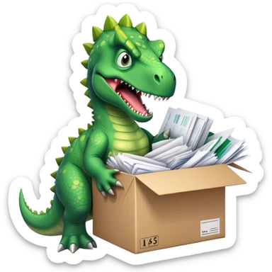 angry office dinosaur holding a huge boxe bursting with a lot of documents and papers sticker