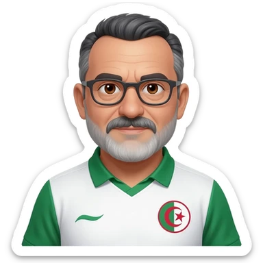 homme algérien un peu corpulent une peau claire à lunettes yeux marrons 67 ans cheveux gris et noirs avec barbe légèrement grisonnant avec maillot blanc et vert foot Algérie sticker