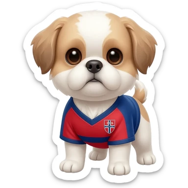 white and light brown shih zhu wearing a Norway soccer jersey v neck 2026 work cup sticker