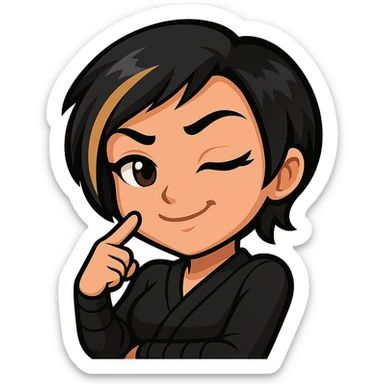 Sexy chibi ninja girl with black short hair and a blonde streak, only head and arms, colorful chibi style with bold outlines, transparent background, no mask, smug grin with a wink and finger pointing at her cheek, sized for Twitch emoji use. sticker
