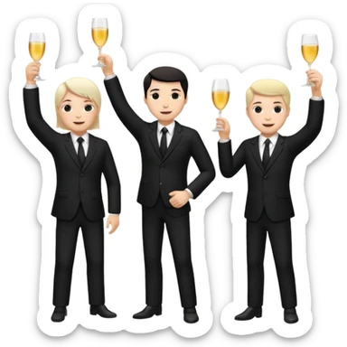 Un equipo de venta con trajes negros, personas blancas solo 3 celebrando un logro con un brindis. El fondo negro totalmente  sticker