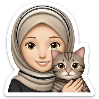 White girl wearing hijab smiling while holding a black grey brown stripes tabby cat sticker