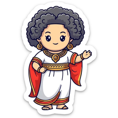 Stunning Greek-inspired character with massive voluminous curly hair flowing down, ornate traditional jewelry, and cute stylish Greek clothing sticker