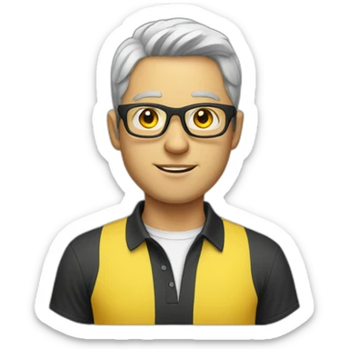 White man with yellow tinted glasses and black hair in a polo shirt sticker