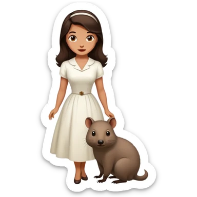 Beautiful woman in 1950’s woman fashion look, white dress, long dark brown hair, wombat sticker