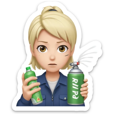 Anime character using a can of raid bug spray looking disgusted sticker