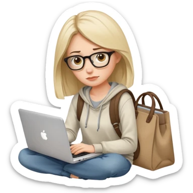 female tired blogger with a laptop, slouched posture, bags under eyes, casual clothes, coffee mug nearby sticker