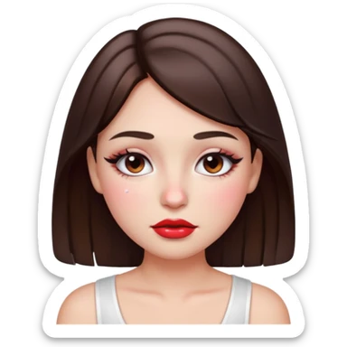 “Emoji brunette girl white top, dewy skin, heavy blush across cheeks and nose bridge, glossy cherry lips, soft eyeliner, teary sparkling eyes like hanni from new jeans sticker