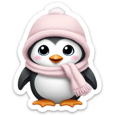Cute Little Baby penguin, wearing a light pink winter hat, cuddled up in a fluffy white blanket sticker
