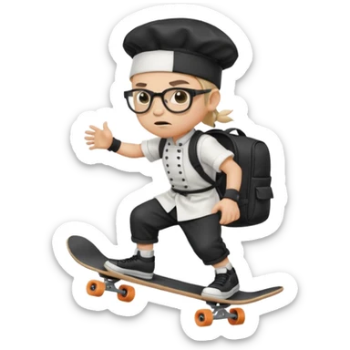 ["An angry boy with light skin, ponytail, wearing a chef hat and square glasses, dressed in goth fashion, is skateboarding while holding a backpack."] sticker