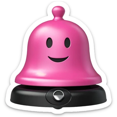 pink call bell with black base and silver push knob on top and with smiley face on it sticker