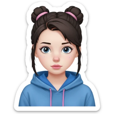 Create a teenage girl with straight brunette hair pulled into a messy bun, pale skin, light freckles, and blue-grey eyes. She will have pink lips and long black eyelashes. She will be wearing a big black hoodie. sticker