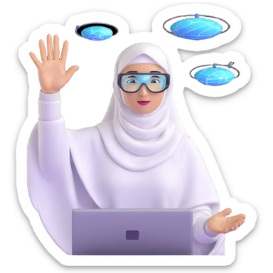 computer engineer with white hijab proudly presenting her completed metaverse creation, gesturing toward a floating holographic virtual world she built, explaining her digital architecture to audience, professional stance, AR glasses, display showing her code and virtual environment sticker