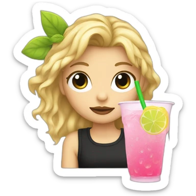 blonde girl straw drinking pink lemonade with one green lemon in the cup, with black watch black tshirt sticker