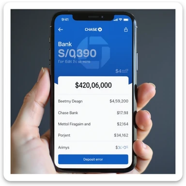 a iphone screenshot showing a chase bank balance of -$420,069,000, "deposit error" sticker