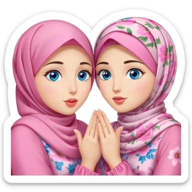 Two best friends Turkish girls beautiful finish Konya blue eyes with pink floral hijab and dress and Scattering kisses outside  sticker