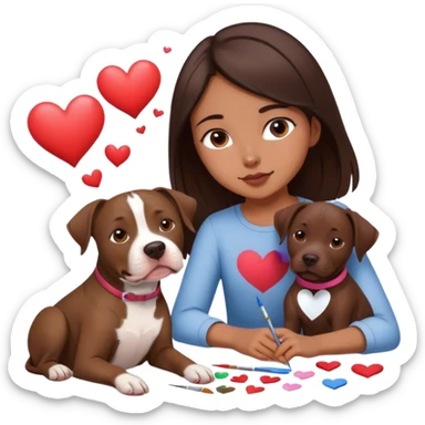 A 20 year old young girl with the dark brown hair sitting with her medium to dark brown dog, which is part maybe pitbull sitting beside of her while she paints him lovingly with hearts flying all around because she’s beautiful and she loves her dog sticker