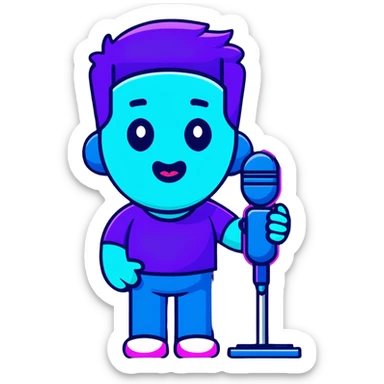 man speaking into a microphone, with neon glow effect, blue neon glow on top left, purple neon glow on bottom right sticker